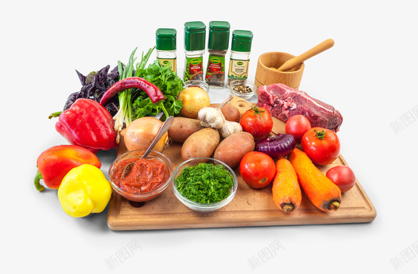 实物美食海报食材png免抠素材_新图网 https://ixintu.com 产品实物 各种食材 小葱 彩椒 新鲜食材 牛肉 美食海报 胡萝卜 菜板 西红柿 调料 香菜