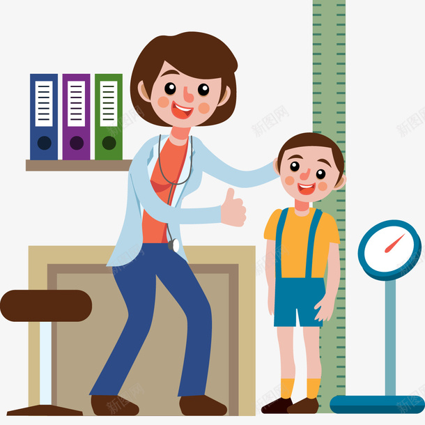 手绘卡通小孩量身高png免抠素材_新图网 https://ixintu.com 体检 体重称 医生 医院 可爱小男孩 女医生 量身高
