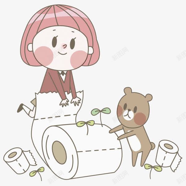 纸巾女孩png免抠素材_新图网 https://ixintu.com 卷筒纸 女孩 小熊 小草 手绘 短发 纸巾 腮红
