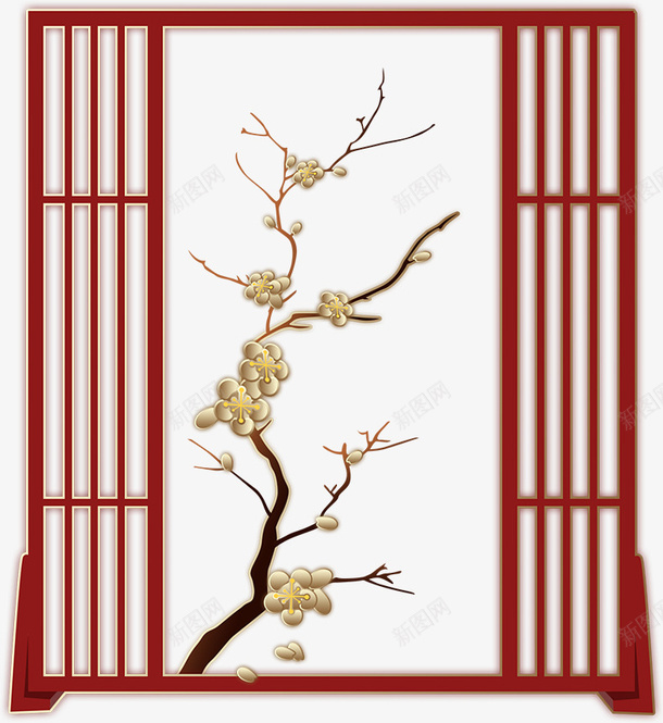 梅花金色红色窗框边框手绘png免抠素材_新图网 https://ixintu.com 新年 梅花 素材 边框