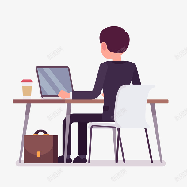 坐在电脑面前的商务人士矢量图ai免抠素材_新图网 https://ixintu.com 公文包 办公 咖啡杯 商务人士 工作 电脑 矢量图