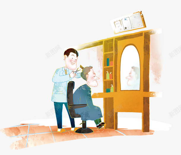 卡通手绘彩色理发png免抠素材_新图网 https://ixintu.com 剃头 剪刀 卡通 卡通理发师 彩色 手绘 照镜子 理发 理发师 镜子 镜子里的人