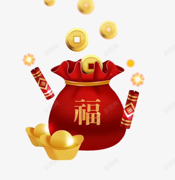 卡通红色福袋图png免抠素材_新图网 https://ixintu.com 中国风 卡通 炮竹 红色的 金元宝 钱袋子 铜钱