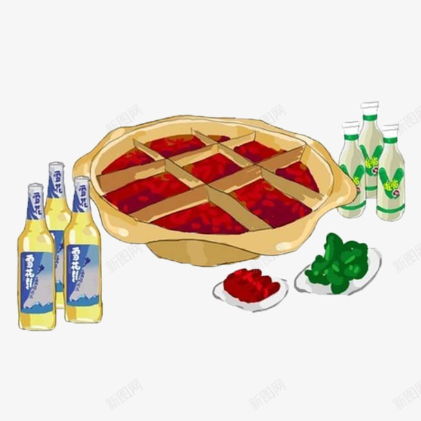 川味火锅啤酒png免抠素材_新图网 https://ixintu.com 九宫格火锅 啤酒 川味火锅 美食 配菜 饮料 香辣 麻辣