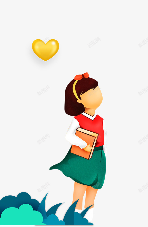 卡通手绘抬头看远方的女孩png免抠素材_新图网 https://ixintu.com 卡通 手绘 抬头 拿着书的女孩 爱心装饰 看远方的女孩