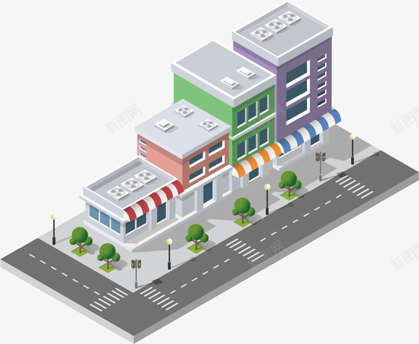 安静的街道矢量图ai免抠素材_新图网 https://ixintu.com 建筑物 房子 树木 楼房 街道 道路 高楼大厦 矢量图