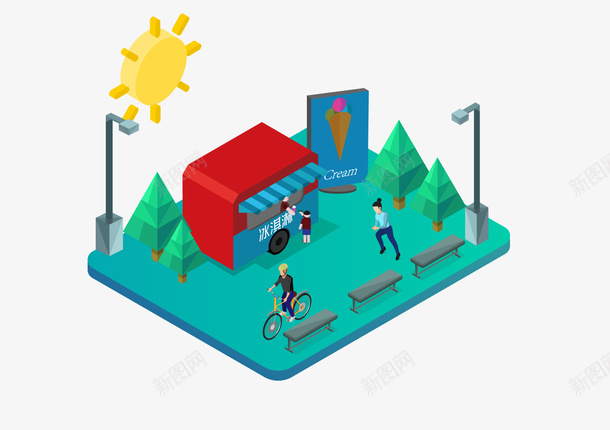 公园跑道路边健身小吃摊25dpng免抠素材_新图网 https://ixintu.com 休闲 健身 公园 公园跑道路边健身小吃摊25d矢量插画免费下载 冰淇淋 太阳 小吃车 小树 简洁 跑步 跑道