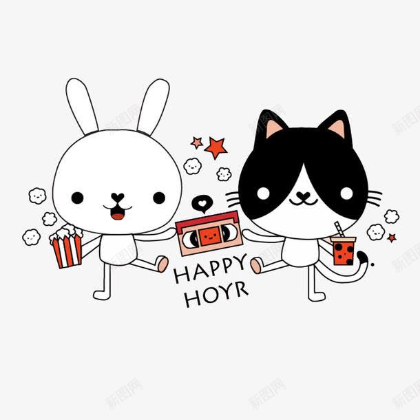 黑猫白猫png免抠素材_新图网 https://ixintu.com 可爱 宠物 小猫咪 星星 照相机 白云