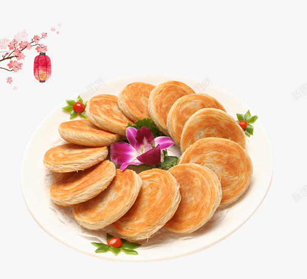 白色盘子里的烧饼png免抠素材_新图网 https://ixintu.com 免抠美食 樱花装饰 灯笼 白色 盘子里的烧饼 花朵