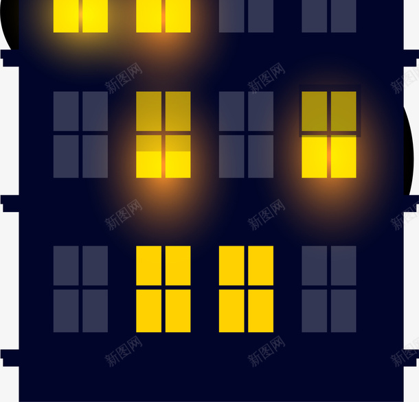 卡通黑色房屋png免抠素材_新图网 https://ixintu.com 卡通房屋 黄色光晕 黄色灯光 黑夜房屋 黑色房屋 黑色楼顶
