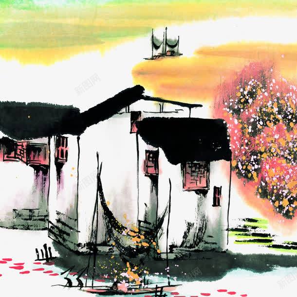 江南水乡水墨画png免抠素材_新图网 https://ixintu.com 彩霞 房屋 桃花 江南水乡 秋天水墨 绿色 鱼 黄色