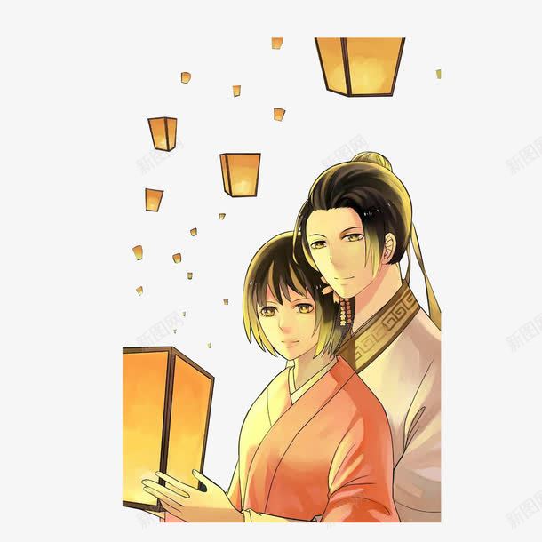 情侣放天灯png免抠素材_新图网 https://ixintu.com 卡通 平安灯 放天灯 汉服 汉服卡通 浪漫
