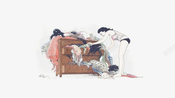 手绘绘画png免抠素材_新图网 https://ixintu.com 一堆凌乱 女性房间场景 换衣服 绘画
