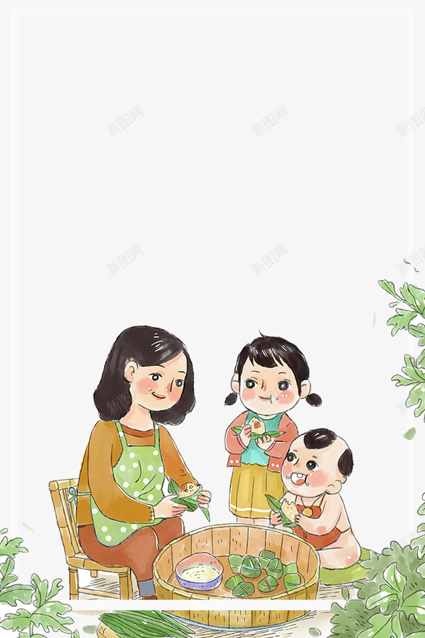 卡通手绘风格端午节海报边框png免抠素材_新图网 https://ixintu.com 包粽子 卡通 叶子 妈妈和孩子 浓情端午 端午节 粽子 粽飘香