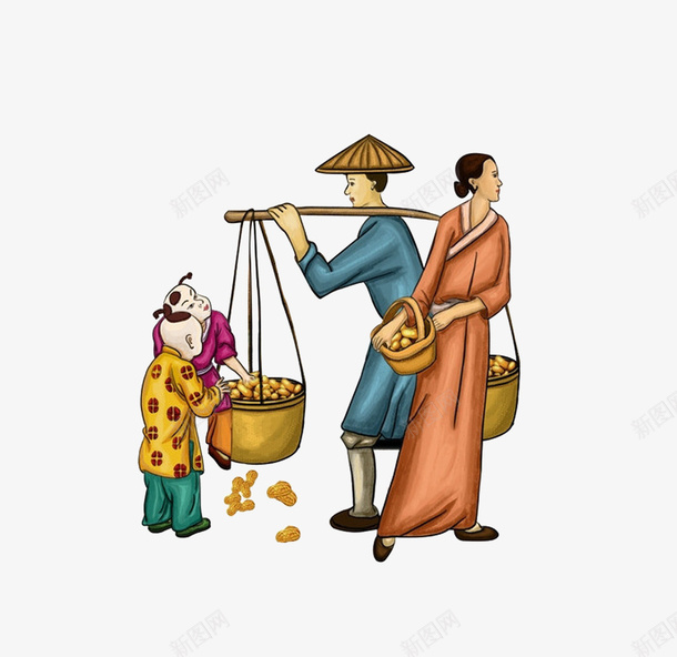 传统挑扁担买花生插图png免抠素材_新图网 https://ixintu.com 传统插图 孩童 扁担 挑扁担 民俗 花生 赶集的人 集市