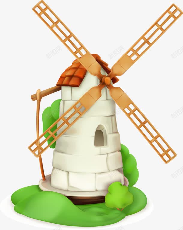 卡通风车矢量图ai免抠素材_新图网 https://ixintu.com 石头屋子 绿草地 风车 矢量图