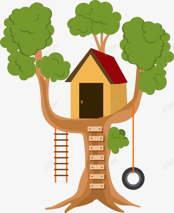 立体卡通大树树屋png免抠素材_新图网 https://ixintu.com 6月1号 儿童节 六一节 卡通 卡通树屋 大树 树屋 玩耍 秋千 童趣