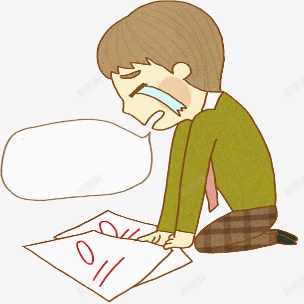 哭泣男孩png免抠素材_新图网 https://ixintu.com 哭泣 手绘 格子裤子 男孩 短发 绿色衣服 试卷 零分