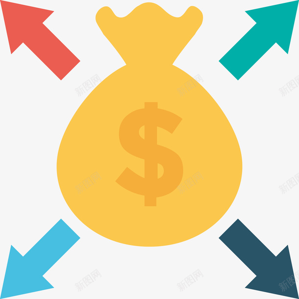 黄色金币袋png免抠素材_新图网 https://ixintu.com 四个发散箭头 彩色箭头 矢量金钱袋子 金钱 黄色金币 黄色金钱