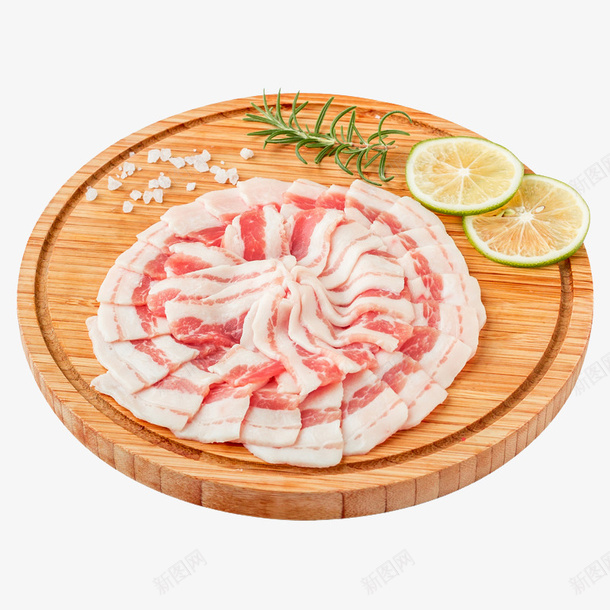 天然谷饲猪五花肉片png免抠素材_新图网 https://ixintu.com 五花肉切片 五花肉片 产品实物 圆案板 天然谷饲猪五花肉片 柠檬片 猪肉 生鲜