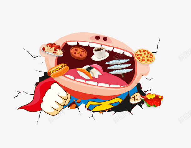 卡通创意超级吃货插画psd免抠素材_新图网 https://ixintu.com 促销 创意设计 卡通 吃货 大嘴 海报 超人 零食
