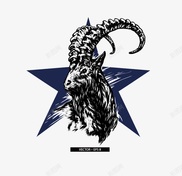 羊角胸前印花图案矢量图图标ai_新图网 https://ixintu.com T恤 logo 五角星 公羊 动物 印花 墨蓝色 服装设计 精美 精良 设计感 矢量图