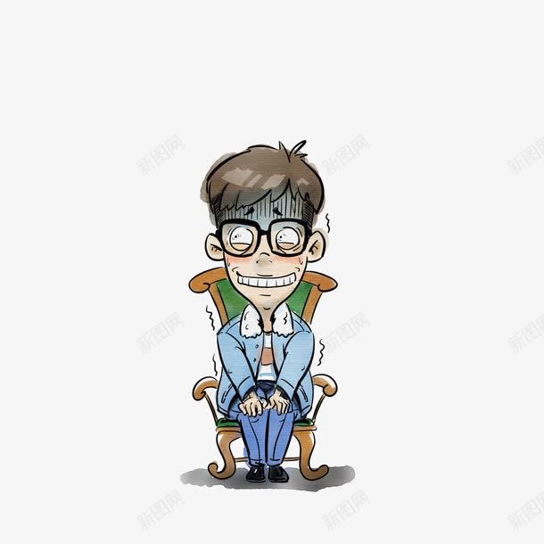 卡通坐在椅子上局促不安冒冷汗的png免抠素材_新图网 https://ixintu.com 冒冷汗 卡通人物流汗 卡通坐在椅子上局促不安冒冷汗的男子素材免费下载 局促不安 拘谨的坐着 眼镜男子