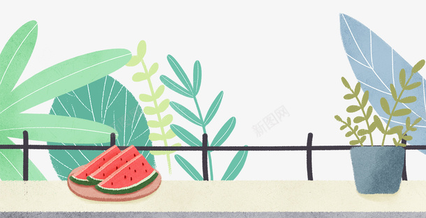 手绘夏季小清新植物png免抠素材_新图网 https://ixintu.com 围墙 夏季 小清新 手绘 手绘夏季小清新植物 植物 西瓜 阳台