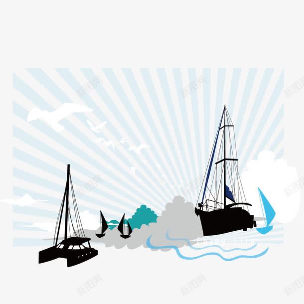 航行在大海上的船只png免抠素材_新图网 https://ixintu.com 云朵 光芒背景 创意 剪影 大海 小鸟 帆船 抽象 放射背景 桅杆 海上 海水 海面 海鸥 白云 白色船只 船只 船舶 蓝天 轮船 飞鸟