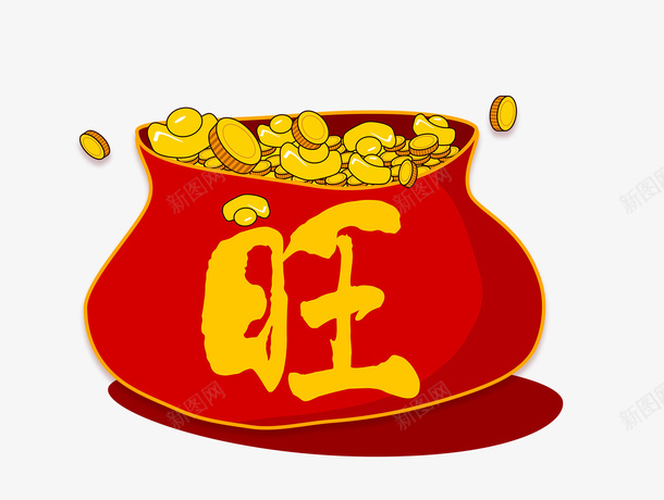 卡通红色旺字钱袋png免抠素材_新图网 https://ixintu.com 一袋子金币 免抠金币袋子 卡通 旺字钱袋 漂浮的金币 红色 金袋子