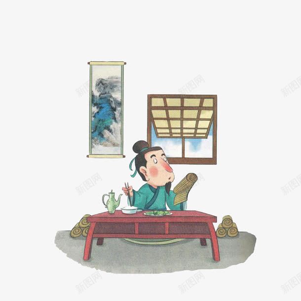 卡通边看书边吃饭的古代男子png免抠素材_新图网 https://ixintu.com 古人看书 古代壮士 吃饭古代 坐在餐桌前 墨画 废寝忘食 窗户 竹简 边看书边吃饭 酒壶 饭菜