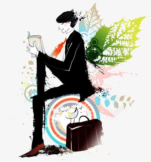 手绘男生看书png免抠素材_新图网 https://ixintu.com 书本 包包 小鸟 彩虹 插画 绿叶