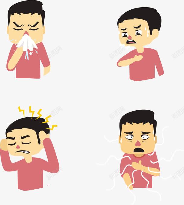 四种生病症状png免抠素材_新图网 https://ixintu.com 不舒服 卡通人物 头疼 心悸 感冒 流感 流汗 病人 病患