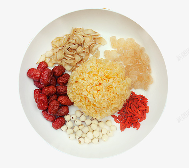 搭配好的甜汤食材png免抠素材_新图网 https://ixintu.com 六种食材 甜汤食材海报 盘子里的食材 银耳百合 银耳莲子汤 银耳莲子羹 食材搭配