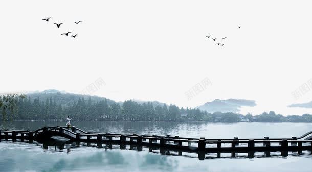 手绘西湖美景png免抠素材_新图网 https://ixintu.com 中国风 水墨画 西湖美景 风景画 黑色