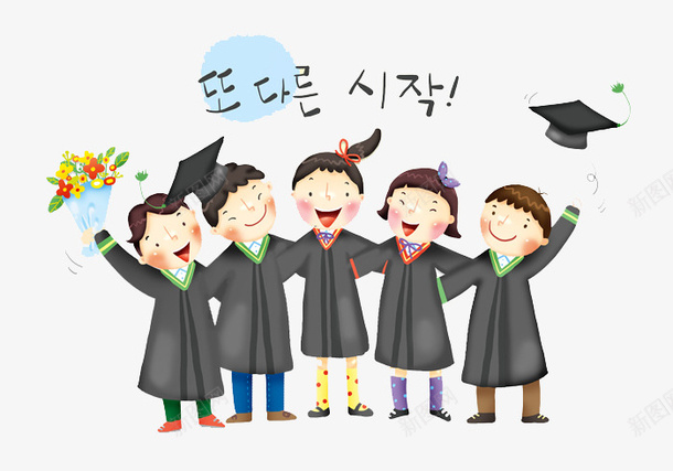 毕业场景png免抠素材_新图网 https://ixintu.com 发饰 可爱 手绘 挥手 毕业场景 花朵 花束 蓝色背景 韩文