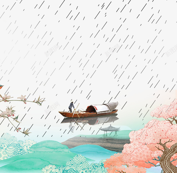 卡通手绘水墨春季风景画psd免抠素材_新图网 https://ixintu.com 划船的人 卡通 手绘 春季 树木装饰 水墨 河流 风景画