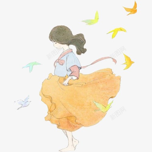 手绘姑娘png免抠素材_新图网 https://ixintu.com 卡通有趣 小清新 手绘图 橘色裙子 秋季人物 装饰图