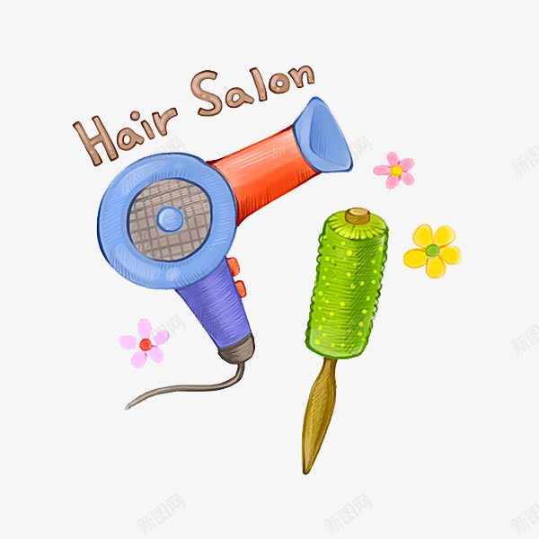 手绘吹风机png免抠素材_新图网 https://ixintu.com 卡通 卷发棒 吹风机 简笔 美发用品 花朵