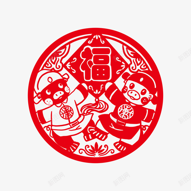 卡通窗花psd免抠素材_新图网 https://ixintu.com PNG图 PNG图下载 兼职广告 创意卡通 卡通 卡通插图 插图 新年 猪年兼职 猪年窗花 窗花