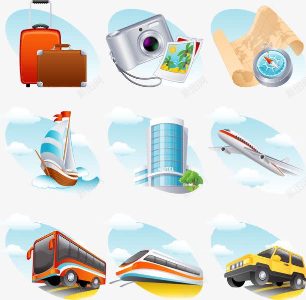 旅游装饰图案图标png_新图网 https://ixintu.com 公文包 出游 包 图标 地图 客车 帆船 度假 指南针 旅游 旅行箱 楼房 汽车 火车 照片 照相机 相片 矢量素材 箱 行李包 行李箱 酒店 飞机 饭店 饮料