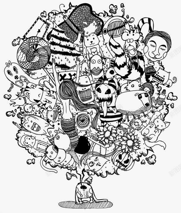 圆形手绘png免抠素材_新图网 https://ixintu.com 卡通人物 圆形 底纹 铅笔画 黑色