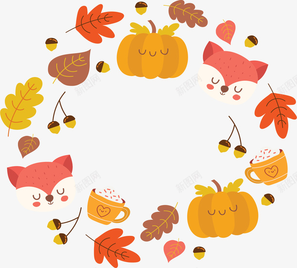 秋季卡通南瓜狐狸png免抠素材_新图网 https://ixintu.com 卡通南瓜 卡通狐狸 树叶边框 矢量png 秋季 立秋