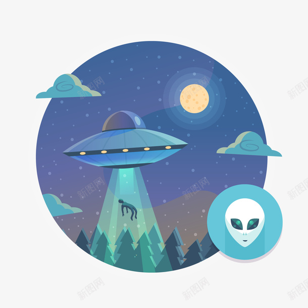 卡通飞船场景矢量图ai免抠素材_新图网 https://ixintu.com UFO 卡通 圆形 外星人 外空 标签设计 飞船 矢量图