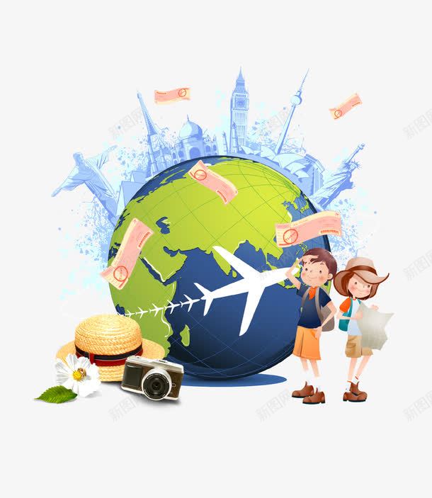 卡通创意环球旅游地球插画png免抠素材_新图网 https://ixintu.com 世界名胜 人物 地球 插画 旅游 环球旅行 飞机