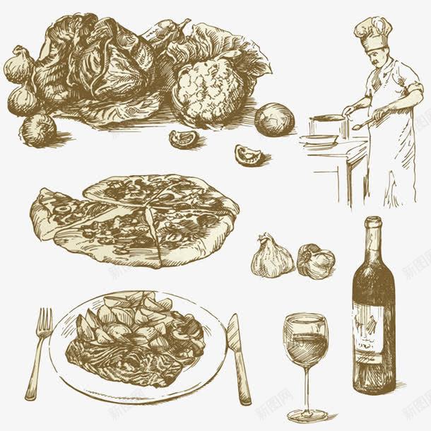 手绘厨师与食物png免抠素材_新图网 https://ixintu.com 刀叉 厨师 大蒜 披萨 红酒 花椰菜 餐盘