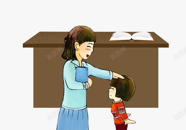 卡通手绘开学季老师与学生png免抠素材_新图网 https://ixintu.com 书本 卡通 开学季 手绘 老师与学生 表扬孩子的老师 讲桌装饰