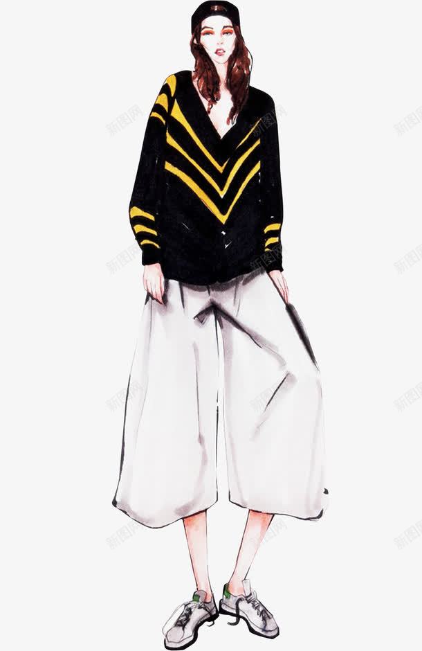 潮流穿搭女孩png免抠素材_新图网 https://ixintu.com 手绘女孩 时尚美女 服装设计 阔腿裤 黑毛衣