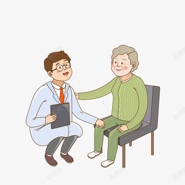 卡通蹲下给老人检查膝关节的医生png免抠素材_新图网 https://ixintu.com 医生与患者 卡通蹲下给老人检查膝关节的医生素材免费下载 检查膝关节 腿部受伤 蹲下的医生