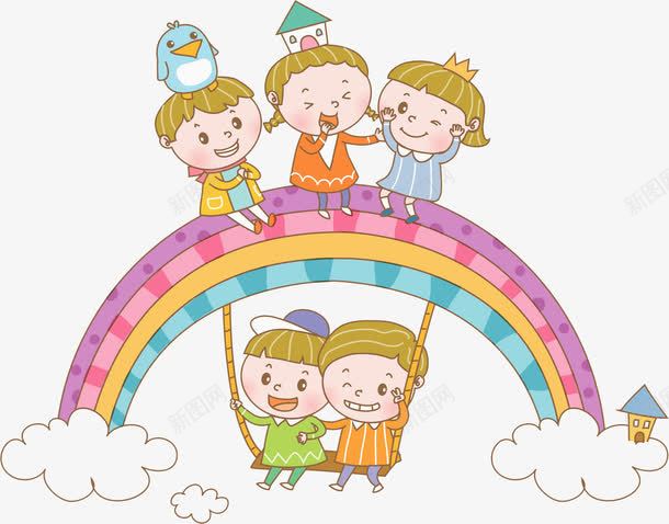 手绘彩虹上的孩子图png免抠素材_新图网 https://ixintu.com 云彩 可爱的 小孩 小鸟 彩虹 插图 玩耍的 荡秋千